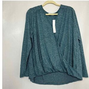 White Willow Womens Teal Heathered Wrap Front Long Sleeve Top Casual Blouse‎ XL